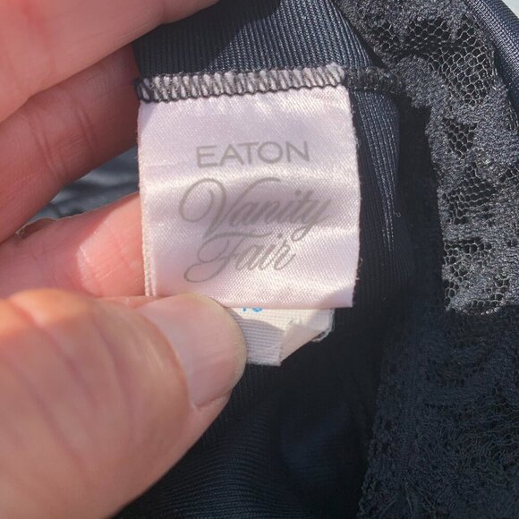 Vintage 90s Eaton Vanity Fair Black Satin Lace Trim Sleeveless Slip Dress - Picture 9 of 11